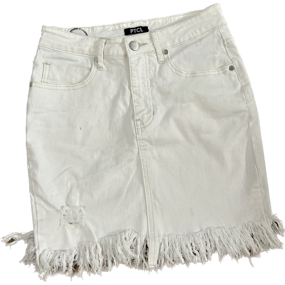 PTCL Ripped Frayed Hem Denim Miniskirt White Jean Distressed Skirt Size 27